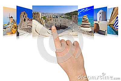 Hand scrolling Greece travel images Stock Photo