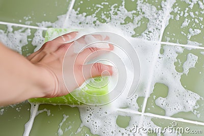 hand scrubbing tiles with a green sponge, white foam present Stock Photo