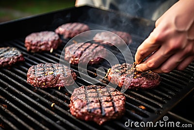 hand seasoning beef burgers on a bbq grill Stock Photo