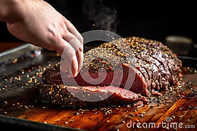 hand seasoning beef roast with cracked pepper Stock Photo