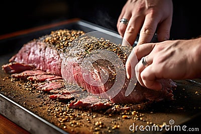 hand seasoning beef roast with cracked pepper Stock Photo