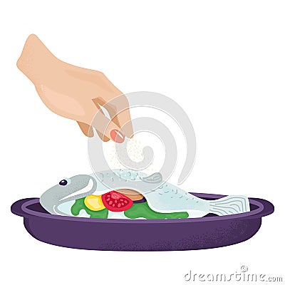 Hand seasoning fish with vegetables in a dish. Cooking dinner, adding spices to seafood, garnishing food. Preparation of Vector Illustration