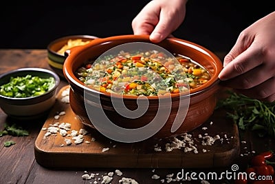 hand seasoning minestrone soup with a pinch of salt and pepper Stock Photo