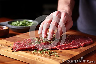 hand seasoning a raw steak on a board Stock Photo