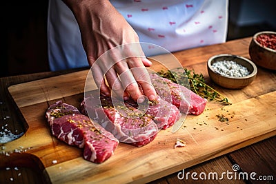 hand seasoning raw steaks on a wooden board before grilling Stock Photo