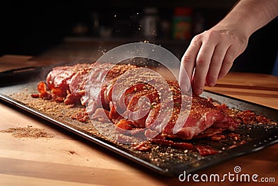 hand seasoning a slab of bacon for smoking Stock Photo