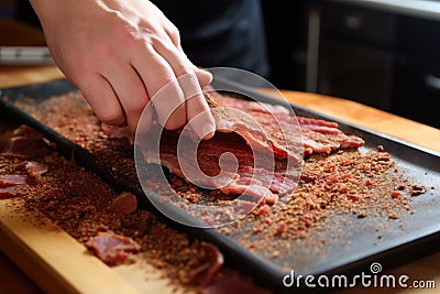 hand seasoning a slab of bacon for smoking Stock Photo