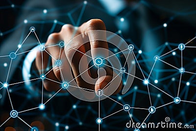 A hand is seen touching a complex network of interconnected lines representing modern business communications in action Stock Photo