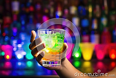 hand seizing a daiquiri glass, party lights at back Stock Photo