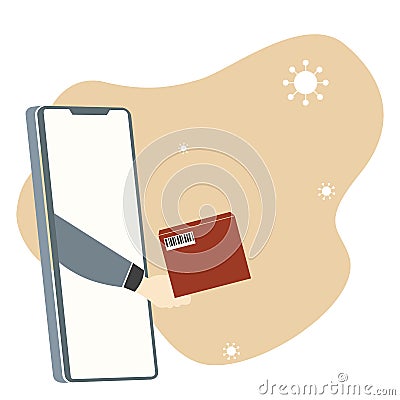 The hand of the seller deliver the goods through the mobile phone to the customers. Vector Illustration