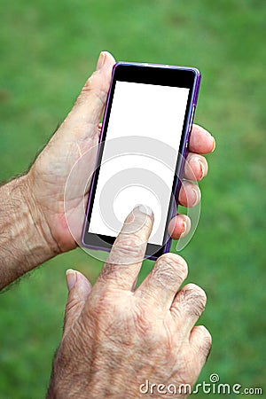 Hand senior man using Cell phone Stock Photo