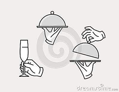 Hand serving tray, opening tray and holding champagne glass Vector Illustration