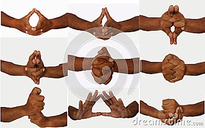 hand set of 9 mudras. It includes such mudras,. Gestures is isolated on white background. Stock Photo