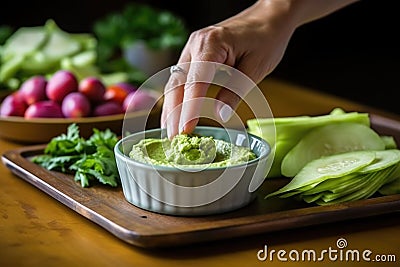hand setting down a dish of made-from-scratch fava bean dip on a table Stock Photo