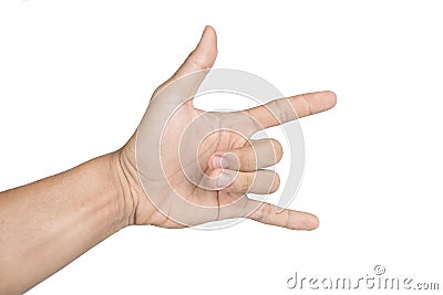 Hand in shaka or calling gesture on a white isolated background Stock Photo