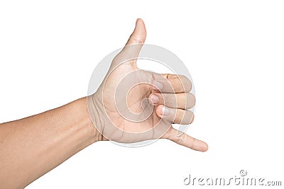 Hand in shaka or calling gesture on a white isolated background Stock Photo