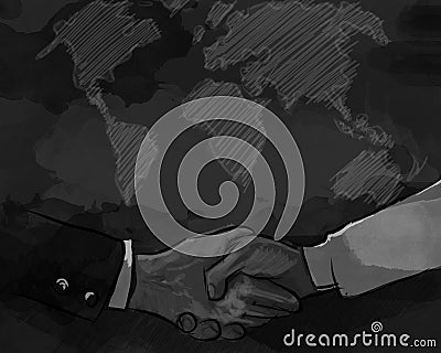 Hand shake business concept of partnership deal agreement international world map trade Cartoon Illustration