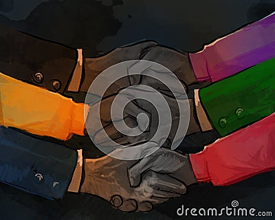 Hand shake business concept of partnership deal agreement together lot of hand as a team multilateral trade Stock Photo