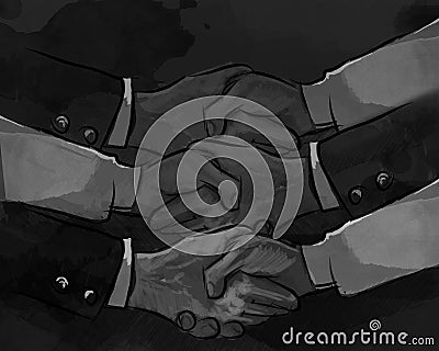 Hand shake business concept of partnership deal agreement together lot of hand as a team multilateral trade Stock Photo