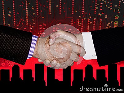 Business Men Shaking Hands Technology Cyberspace Circuit Board Internet Network Computer Data People Communications High Tech Stock Photo