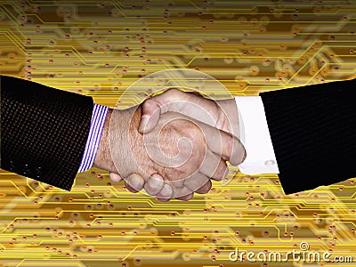 Business Men Shaking Hands Technology Cyberspace Circuit Board Internet Network Computer High Tech People Communications Binary Stock Photo
