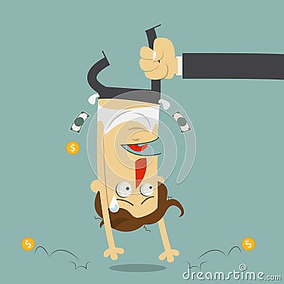 Hand shaking money from broke man crying. Cartoon character. Vector Illustration