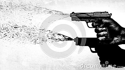 Hand shooting water pistol 70's style, black and white Stock Photo