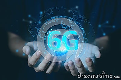 hand show hologram 6G digital technology, access to information around the world. 6G wireless internet network concept or IOT, Stock Photo