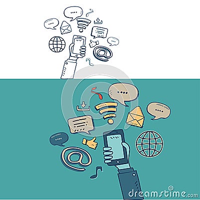 Hand show mobile and social media with doodle drawing style Vector Illustration