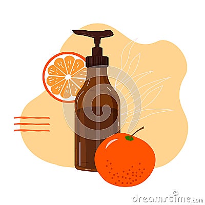 Hand and shower gel, shampoo, liquid soap - with orange scent. Cosmetology and hygiene. Bottle with dispenser with Vector Illustration