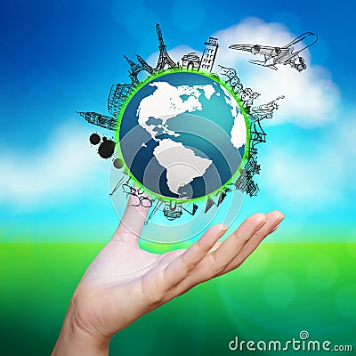 Hand showing airplane traveling around the world Stock Photo