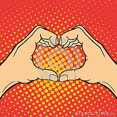 Hand showing heart deaf-mute gesture human arm hold communication and direction design fist touch pop art style colorful Vector Illustration