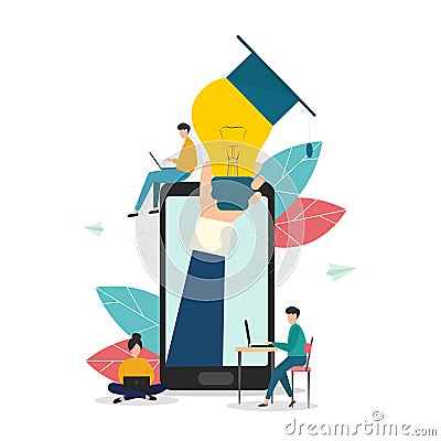 Hand showing light bulb with university cap from smartphone and people with gadgets. Vector illustration in flat style Vector Illustration