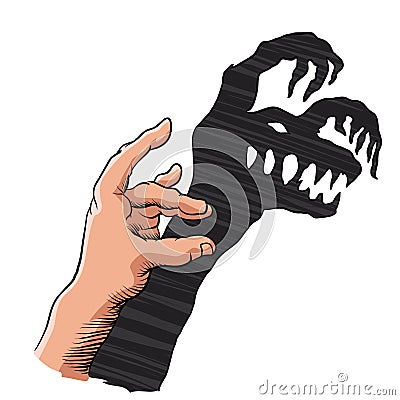 Hand showing scary monster on the wall. Vector Illustration