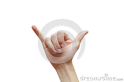 Hand showing shaka sign against white background Stock Photo