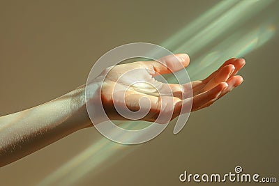 A hand is shown with a light shining on it Stock Photo