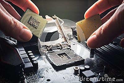 Hands show different processors. Two CPUs against the background of the motherboard. The choice of processor, the Stock Photo