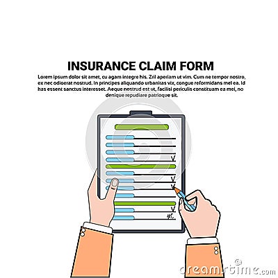 Hand Sign Insurance Claim Form Over White Background With Copy Space Vector Illustration