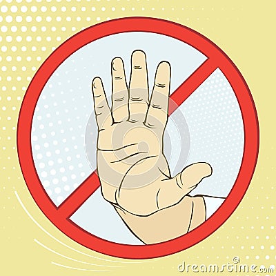 Hand sign warning of the danger. Stop. Imitation retro illustrations. Vintage picture. Vector Illustration