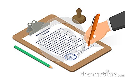 Hand signing document on clipboard accompanied by pencil and stamp Vector Illustration