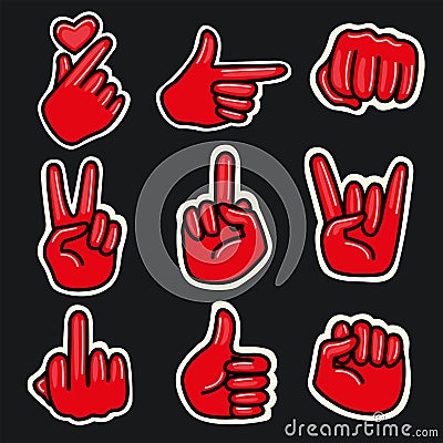 Hand signs, fist, insulted, heart, pointing finger, rock horns, approval, victory, in red colors. Amazing stickers Illustration Stock Photo