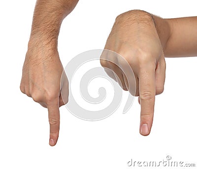 Hand signs. Male finger pointing down Stock Photo