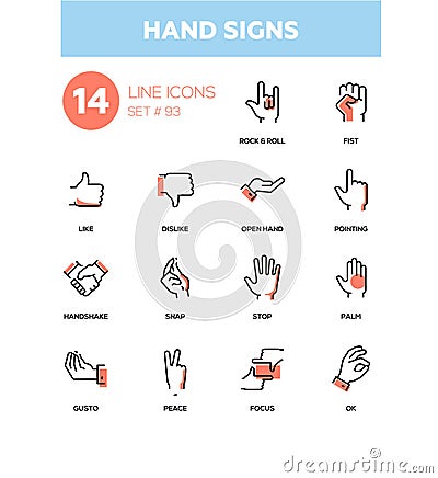 Hand signs - modern line design icons set Vector Illustration