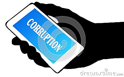 Hand silhouette holding phone with CORRUPTION text. Stock Photo
