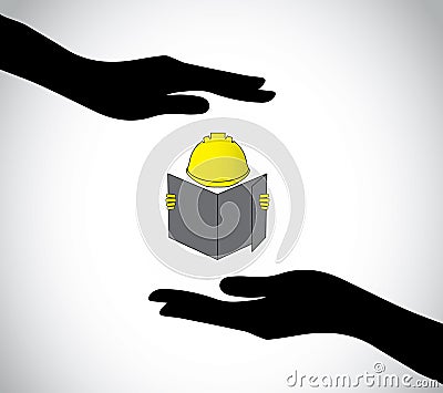 Hand silhouette protecting construction worker reading blueprint Vector Illustration