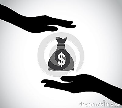 Hand silhouette protecting dollar money bag exchange concept Vector Illustration