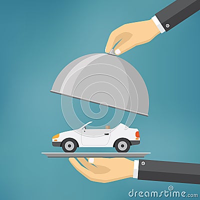 Hand with silver tray with a car on it. Vector Illustration