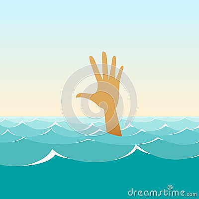 Hand of a sinking man in the midst of waves Vector Illustration