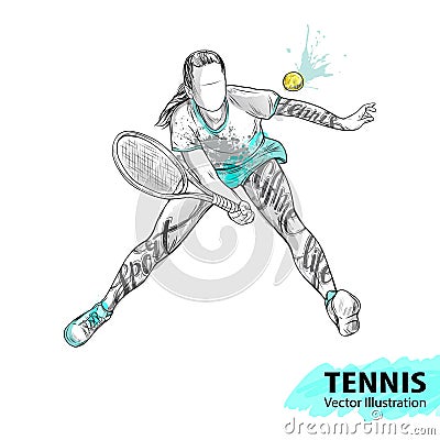 Hand sketch of American tennis player. Vector sport illustration. Watercolor silhouette of the athlete with thematic Vector Illustration