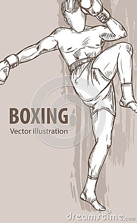 Hand sketch of a boxing man. Vector sport illustration. Graphic silhouette of the athlete on background. Vector Illustration